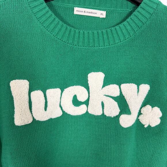 Moon & Madison Green Lucky Shamrock Sweater Size XL Cotton Cropped St Patricks - Picture 3 of 8
